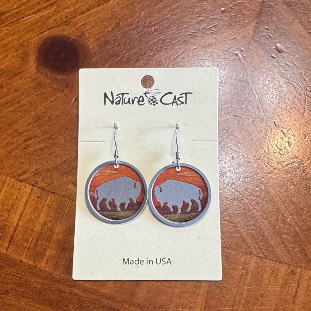 Silver and Orange Buffalo Bison Earrings